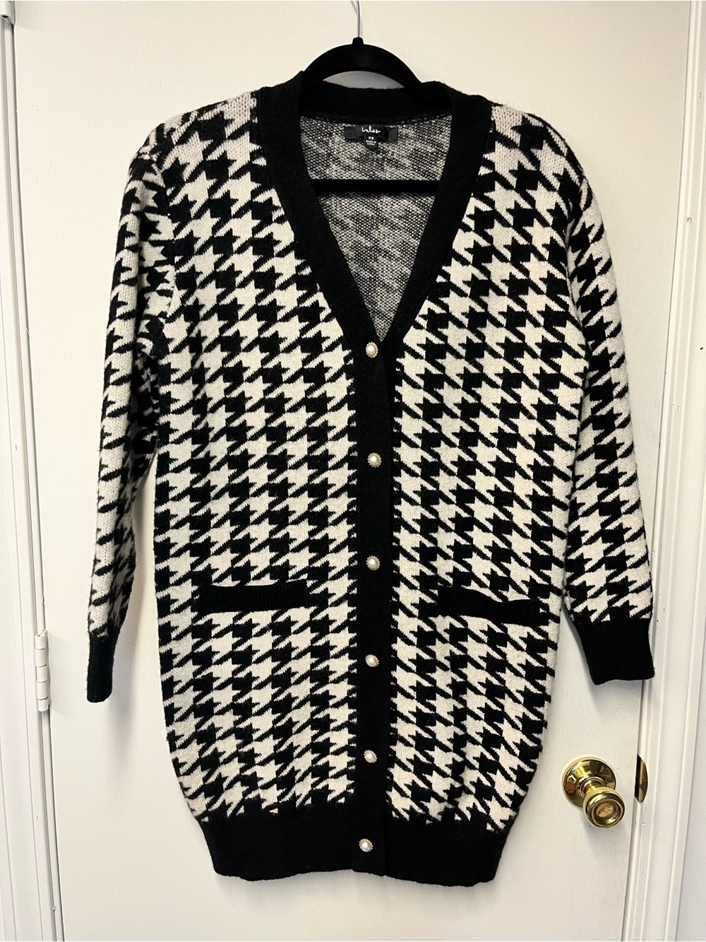 Lulus Black White Houndstooth Pearl Button Long Cardigan Size XS